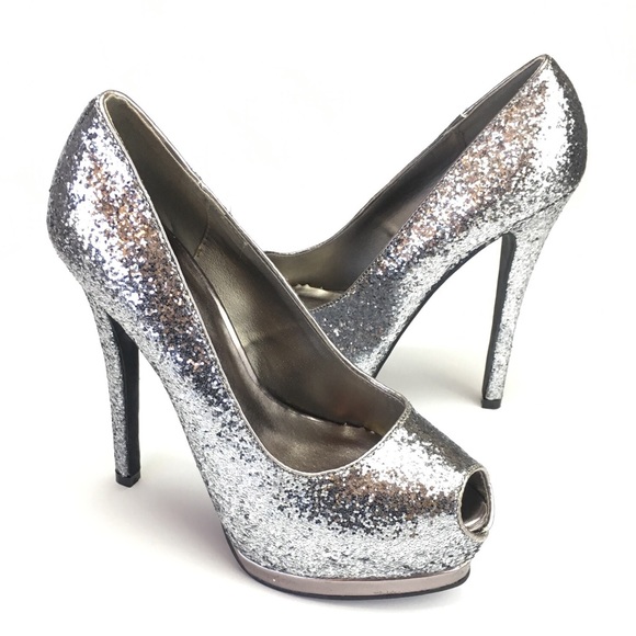 Pewter Gray Glitter Peep Toe Pumps 7.5 - Picture 6 of 7